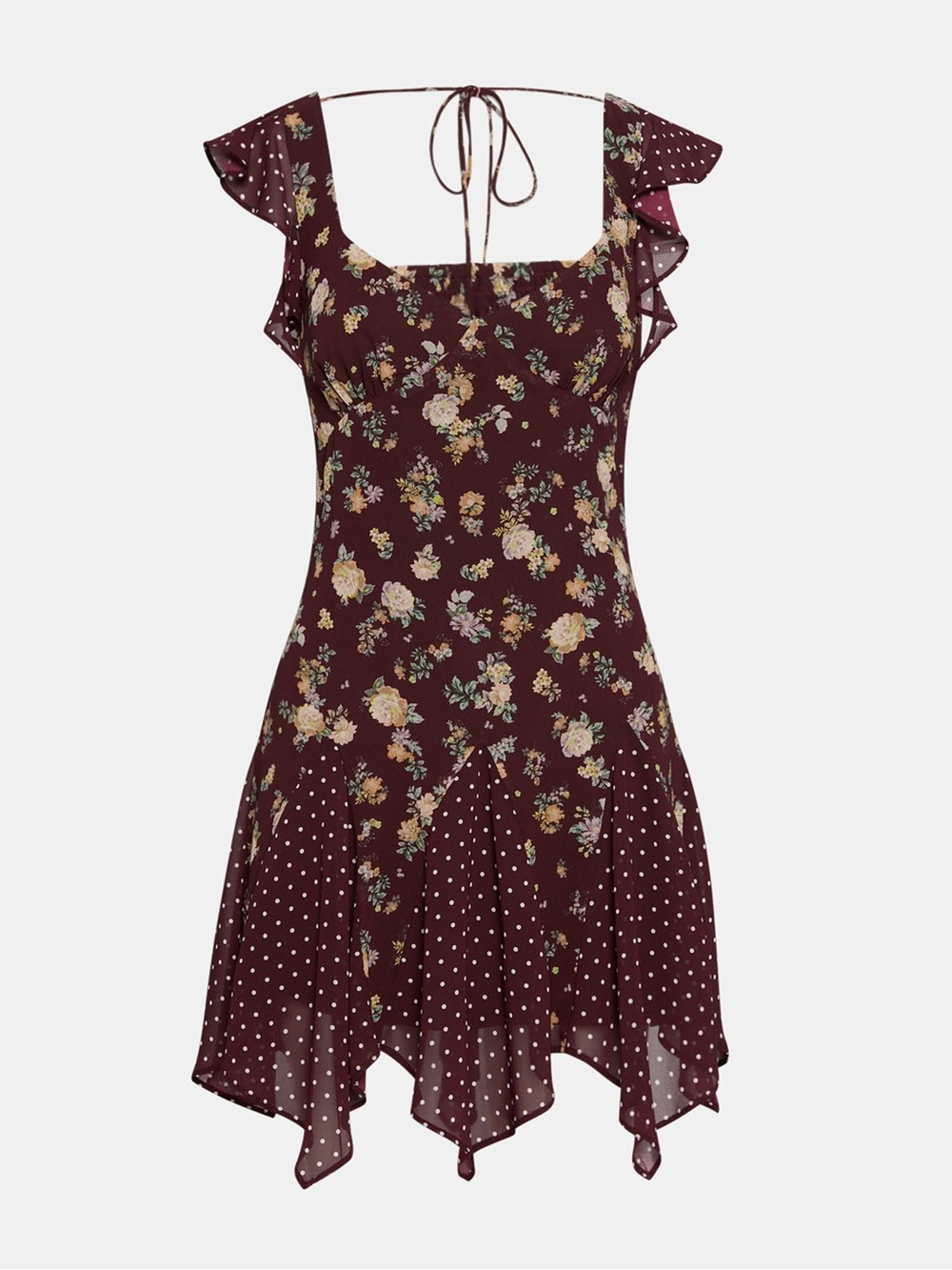 Steve Madden Burgundy Floral & Polka Dot Asymmetrical Dress